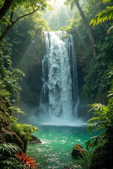 4K jungle waterfall cascading into emerald pool with tropical foliage