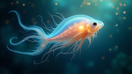 Ethereal Glowing Fish in Dark Blue Ocean with Sparkling Lights