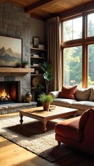 Cozy family room interior with comfortable seating, fireplace, and natural light streaming through large windows Perfect for relaxation and family gatherings , furniture, relaxation