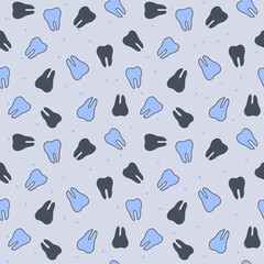 Seamless pattern with teeth. Blue and gray teeth on light gray background. Oral care medicine design. Dental hand drawn tooth pattern