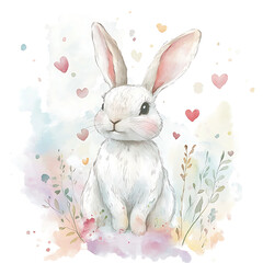 Cute White Bunny with Pink Cheeks on Pastel Watercolor Background Isolated