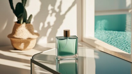 matte mint green perfume bottle placed on narrow transparent table, reflected light bouncing from water surface outside a nearby window