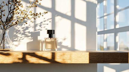 clean and elegant matte perfume bottle centered on wide ash-wood shelf, diagonal shadows from translucent curtains create subtle visual depth