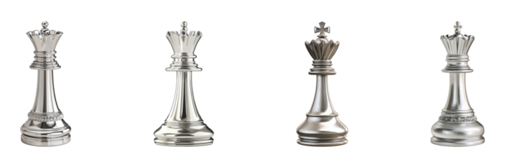 Silver Chess Queen Pieces Set. Luxury Strategy And Game Design Collection Isolated On Transparent Background