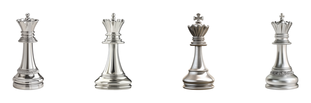 Silver Chess Queen Pieces Set. Luxury Strategy And Game Design Collection Isolated On Transparent Background