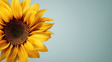 Obraz premium Close-up of vibrant yellow sunflower on light blue background symbolizing hope and positivity for World Cancer Day graphics, web banner with right-side copy space.