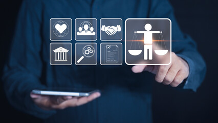 Professional business strategy integrates ethical value, justice, compliance, and regulation, promoting moral principle, human protection, and AI-powered target management