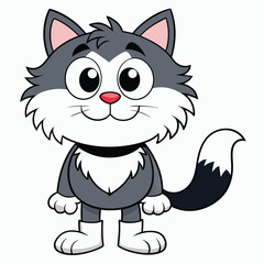 Cute cartoon black and white kitten with big eyes, playful illustration