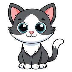Cute cartoon black and white kitten with big eyes, playful illustration
