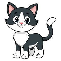 Cute cartoon black and white kitten with big eyes, playful illustration
