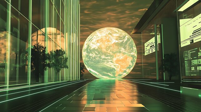 Futuristic Climate Room with a Glowing Holographic Earth Projection Surrounded by Digital Interfaces and Sci-Fi Lighting - Powered by Adobe
