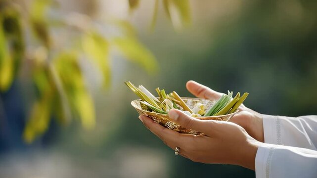 Hands holding Sukkot etrog and lulav with natural light