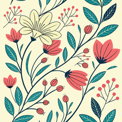 Seamless modern flat doodle floral pattern for textile and web design