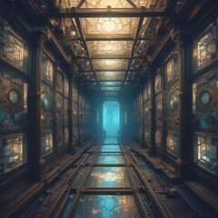 Advanced Technology Spaceship Interior: Luminous Blue Passageway