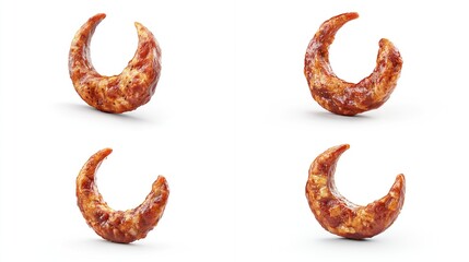 Obraz premium Four crescent-shaped, glazed snacks, angled slightly differently, isolated on a white background