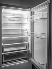 Empty stainless steel refrigerator with interior lighting, showing a clean and ready-to-use appliance. No items inside.
