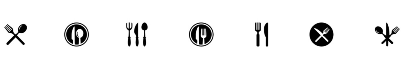 Silverware icons. Fork, knife, plate and spoon. Menu symbol. Black silverware icon. Vector illustration. EPS 10