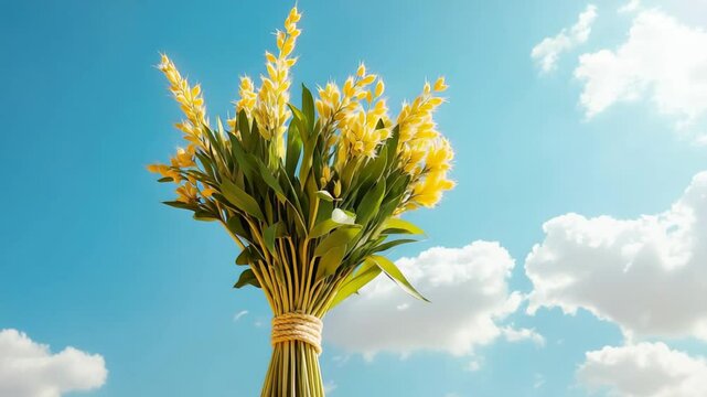 Bouquet of palm leaves tied up against blue sky with clouds