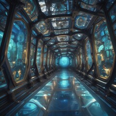 Futuristic Sci-Fi Corridor with Glass Panels and Blue Light