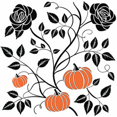 Seamless halloween floral pattern with black roses and orange accents