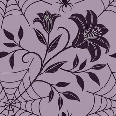 Seamless halloween gothic floral pattern with black lilies
