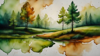 Serene Watercolor Landscape of a Forest Stream