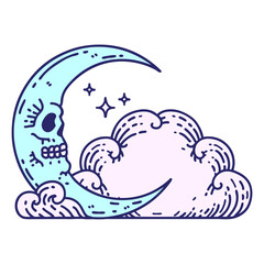 tattoo in traditional style of a skull crescent moon and clouds