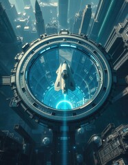 Futuristic Spaceship Ascending Through City Portal, Sci-Fi Scene