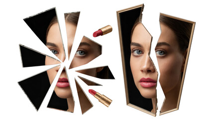 Surreal portrait of a beautiful woman reflecting in two broken mirrors, one shattered into triangular shards, the other split in two, with lipstick tubes nearby, against a transparent background