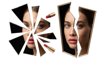 Surreal portrait of a beautiful woman reflecting in two broken mirrors, one shattered into triangular shards, the other split in two, with lipstick tubes nearby, against a transparent background