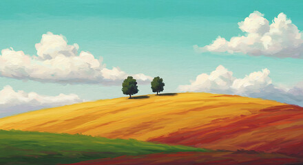 Rolling Hill Painting Stylized Countryside Landscape with Trees and Sky
