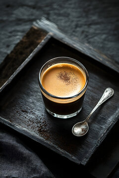 A cup of hot coffee with a spoon on a wooden table in a cozy caf&eacute;