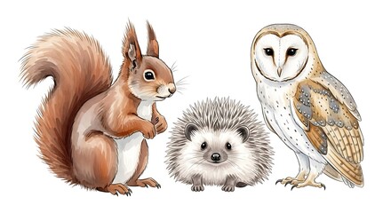 Fototapeta premium A charming illustration featuring an owl, squirrel, and hedgehog.