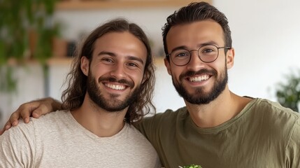 Obraz premium Two Smiling Men Portrait: A Heartwarming Image of Friendship, Happiness, and Togetherness, Capturing a Moment of Joy, Love, and Connection