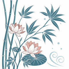 Seamless zen floral pattern with lotus flowers and bamboo