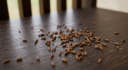 Scattered brown cylindrical pellets on dark wood surface