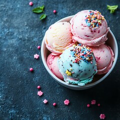 A delightful bowl of colorful ice cream scoops topped with sprinkles, perfect for summer treats and dessert inspiration, evoking joy and indulgence.