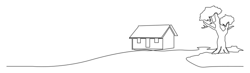Simple continuous line drawing of a peaceful rural landscape featuring a house and a large tree