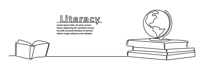 A minimalist one-line drawing of an open book, stacked books, and a globe, symbolizing global literacy and education.