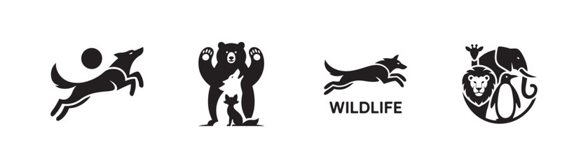 Bold black silhouettes of various animals, including a leaping wolf, a leaping bear, a leaping dog, and a group of animals (lion, elephant, penguin) in a circular design, set against a white 