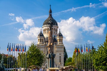 Orthodox Metropolitan Cathedral and Avram Iancu Monument on a Sunny Day in Cluj-Napoca, Cluj County, Romania