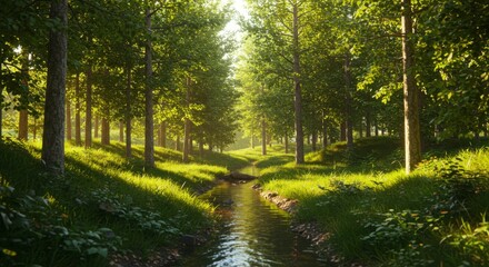 Fototapeta premium Sunlit forest path with a gentle stream flowing through lush green grass and trees