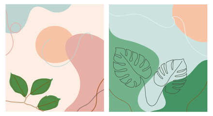 Modern botanical illustration of continuous line leaf drawing with soft pastel abstract shapes. Perfect for contemporary wall art, prints, greeting cards etc.