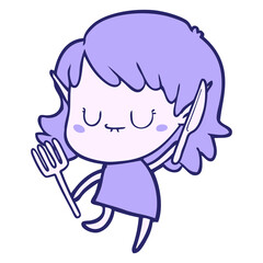 happy cartoon elf girl with knife and fork