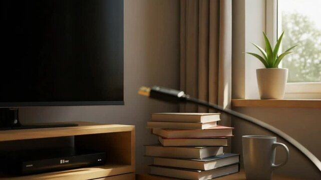 Modern Minimalist Living Room with HDMI Cable and Stacked Books