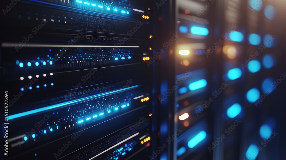 Aufkleber Closeup of illuminated server racks in a high performance data center with glowing blue and orange lights, ideal for cloud computing, cybersecurity, and digital storage concepts