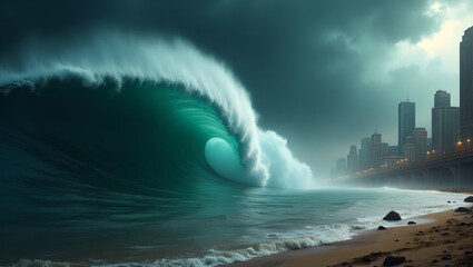 Massive Teal Wave Crashing Towards City at Night