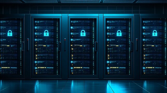 Tech employees diligently monitoring multiple screens in dark server room - Powered by Adobe