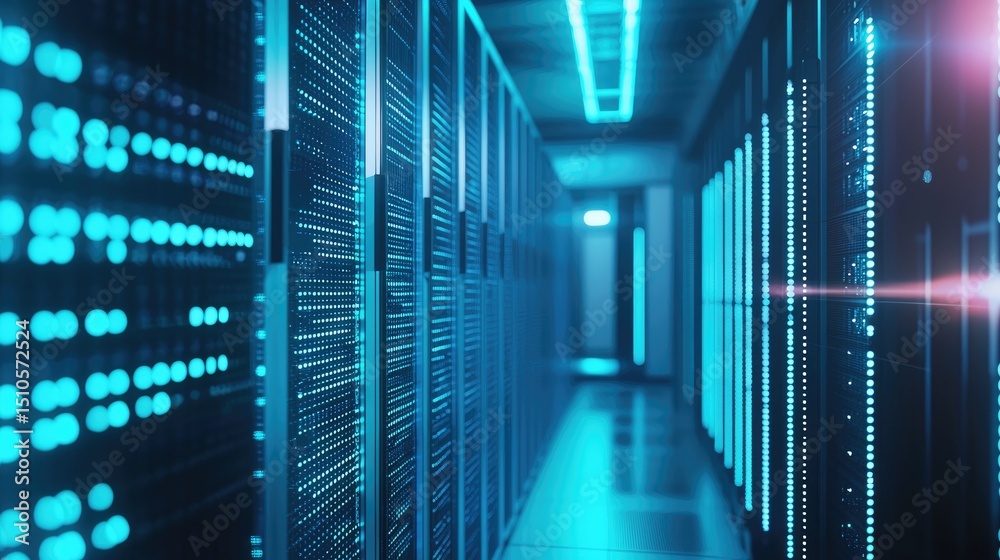 Aufkleber Futuristic data center corridor with glowing blue server racks and LED indicators, ideal for illustrating modern cloud infrastructure, cybersecurity, and digital technology systems