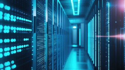 Fototapeta premium Futuristic data center corridor with glowing blue server racks and LED indicators, ideal for illustrating modern cloud infrastructure, cybersecurity, and digital technology systems